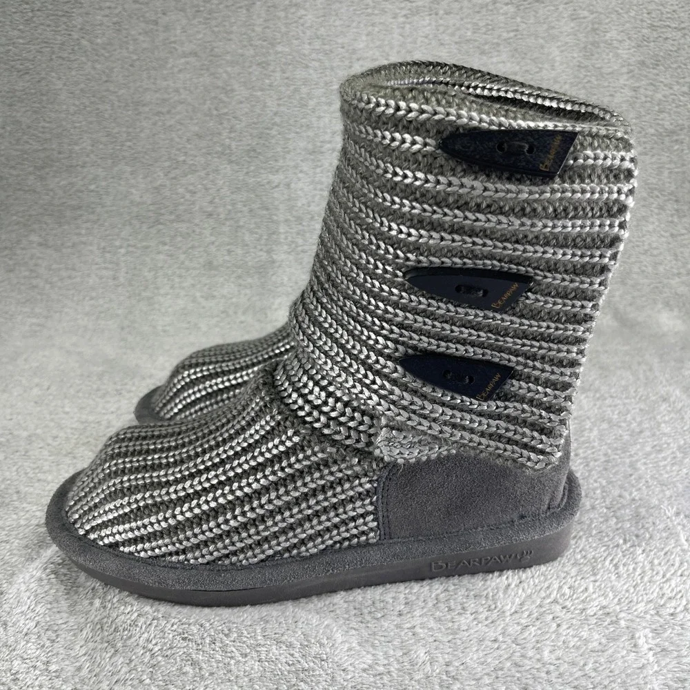 Bearpaw Boots Women 7 Gray Knit Tall Toggle Button Suede Trim Sparkle